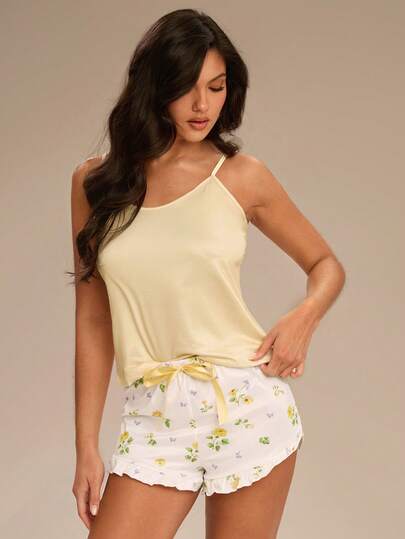 Enchnt Women's Solid Color Camisole And Floral Print Shorts Pajama Set