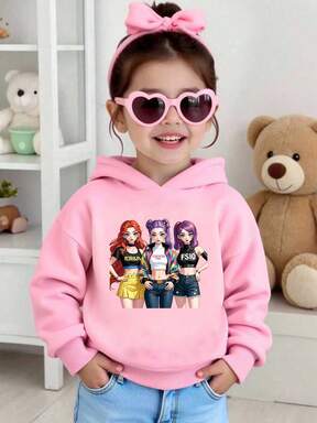 Young Girl Fashionable Kpop Style Cute Korean Print Pink Warm Hoodie Sweatshirt, Cozy Fall & Winter Styles, Suitable For Daily Commute And Concerts