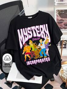SCOOBY-DOO X SHEIN 女士休闲卡通字母印花落肩宽松短袖黑色 T 恤，夏季 - 黑色 - 查看 1
