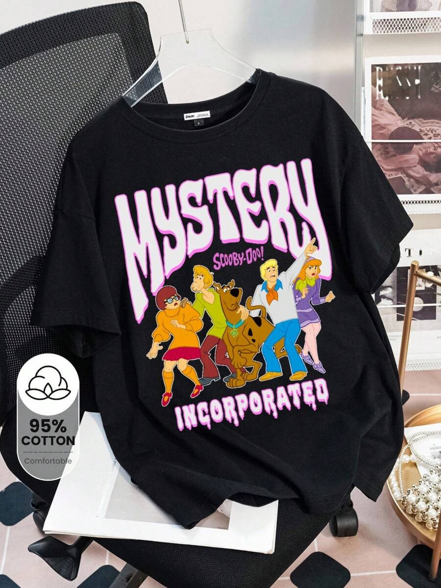 SCOOBY-DOO X SHEIN 女士休闲卡通字母印花落肩宽松短袖黑色 T 恤，夏季 - 黑色 - 查看 1