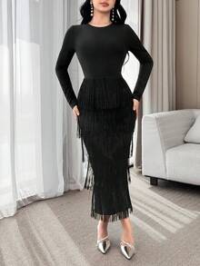 Feyla Đầm ôm cổ tròn tay dài họa tiết tua rua thanh lịch dành cho nữ - màu đen - Xem 4