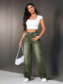 SHEIN Tall Fashionable Straight Loose Fit Jeans With Belt Loops, Tall Women - Green - View 4