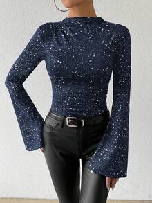 Chiquease 女士秋季长袖喇叭袖口高领金属银色褶皱不对称T恤印花T恤 春季女式上衣 - 藍色 - 查看 7