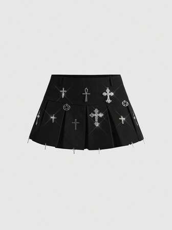 Goth Minifalda plisada de estilo gótico con decoración de cruz y talle bajo para mujer