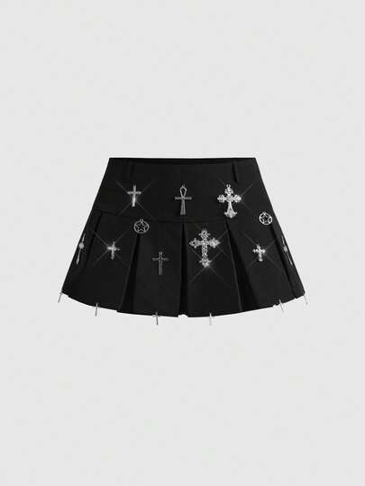 Damen Mode Gothic Stil Minirock mit tiefer Taille, Kreuz Dekor und Falten