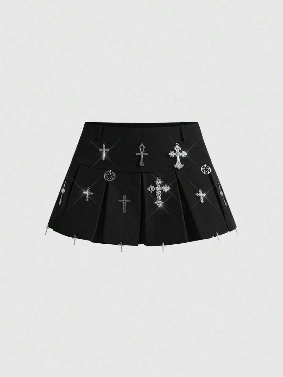 ROMWE Váy mini xếp ly phong cách Gothic cạp thấp trang trí chữ thập thời trang nữ - màu đen - Xem 1