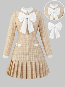 SHEIN 女童卡其色格子褶裥下摆立领前开襟针织连衣裙，适合优雅、日常和通勤穿着。 - 卡其色 - 查看 3