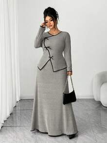 Elenzga 大码女式中国风蝴蝶结上衣和高品质半裙套装 - 卡其色 - 查看 3