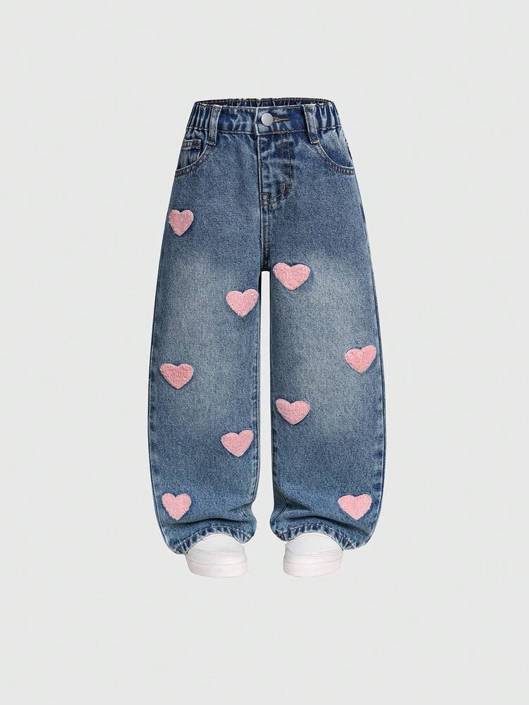 Jeans rectos holgados con bordado de corazón para niñas, de moda y versátiles - Azul lavado medio - Añade 8