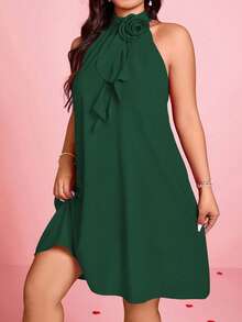 DreamSkyne Váy chữ A cổ bèo nhún họa tiết hoa 3D thanh lịch dành cho nữ, ngày lễ tình nhân - Màu xanh lá cây đậm - Xem 4