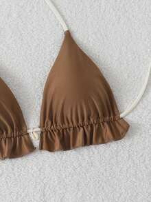 Swim Mod Women's Contrast Color Halter Neck Bikini Top - Coffee Brown - View 6