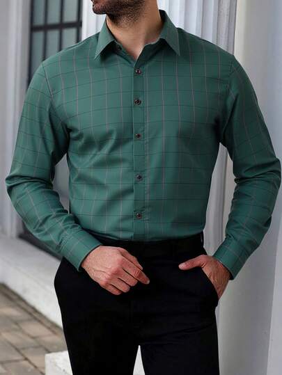 Manfinity Mode Plus Size Men's Plaid Front Button Long Sleeve Casual Business Shirt