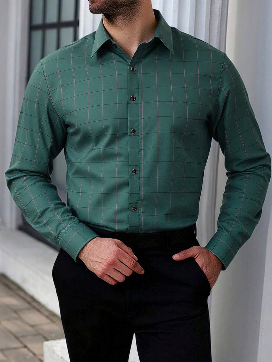 Manfinity Mode Áo sơ mi nam cỡ lớn kẻ caro tay dài cài cúc phía trước, kiểu dáng thường ngày, công sở, màu xanh lá cây, áo sơ mi nam trang trọng, áo sơ mi nam kẻ caro kiểu công sở, áo sơ mi nam màu xanh đậm. - Màu xanh lá cây đậm - Xem 1