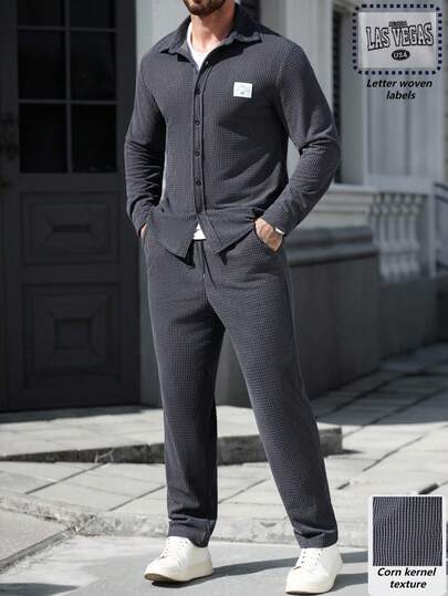 Manfinity CasualCool Men's Letter Print Single-Breasted Long Sleeve Shirt And Pants Casual 2 Pieces Set Mens Blazer And Pants Men Casual Suit Mens Office Wear Men Suit Set Grey Men Joggers Suit Old Money,Daily Leisure, Weekend Trips, Outdoor Activities, Travel Expeditions, Relaxed Work Environments Or Semi-Formal Occasions, Boyfriend/Husband Gift, Anniversary Gift Party Christmas