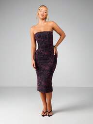 MISSGUIDED Vestido midi justo ao corpo, estilo corset, sem alças, com estampa animal e detalhes franzidos.