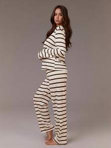Athîral Striped Long Sleeve Top And Pants Casual Women Pajama Set Cozy And Elegant Details, Fall Winter Clothes - Apricot - View 5