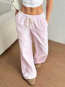 Flirla Petite Quần ống rộng cạp thấp bằng vải cotton màu hồng kẻ sọc, dây rút, túi bên hông, ống đứng, thường ngày, ngọt ngào và thanh lịch dành cho phụ nữ nhỏ nhắn, mùa xuân/hè - Hồng - Xem 5