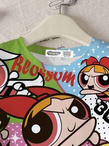 THE POWERPUFF GIRLS X SHEIN 青少年女孩舒适圆领短袖夏季休闲卡通可爱街头花朵泡泡毛茛图案 T 恤 - 白色 - 查看 4