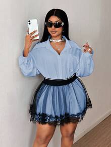Maweii Conjunto de 2 piezas de blusa y falda de malla de talla grande - Azul - Ver 3