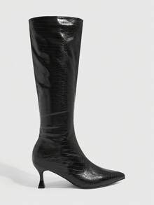 CUCCOO SZL 女士时尚尖头蛇纹图案简约优雅百搭侧拉链细高跟过膝长靴 - 黑色 - 查看 3