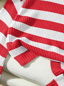 Franclia Women's Contrast Color Crew Neck Long Sleeve Pullover Sweater - Red and White - View 3