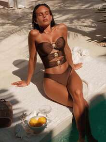 Swim Chiccia Metallic Sun Accent Ruched Waist Sexy & Elegant Women's Swimsuit Set - Brown - View 6