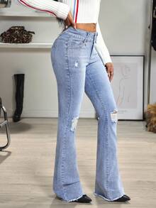 Jeanoix Women's Casual Daily Commute Fashion Street Low Waist Ripped Flare Jeans - Light Wash - View 5