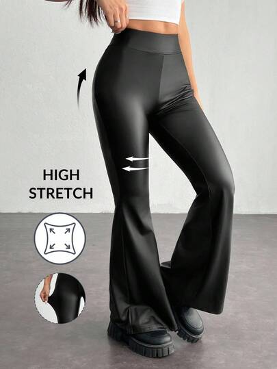 SHEIN PETITE Höga elastiska utsvängda Leggings i PU-läder för kvinnor