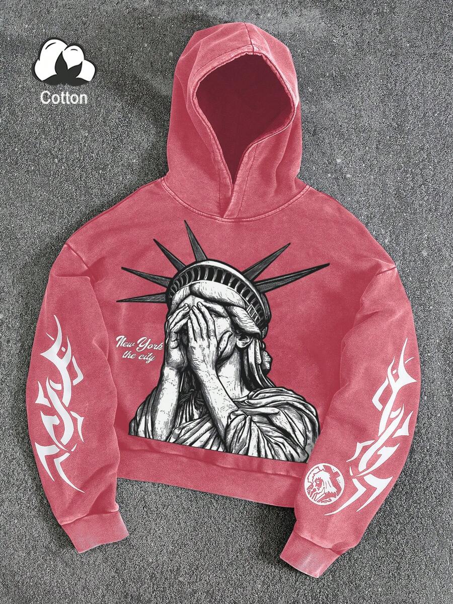 PAVTROS Áo nỉ có mũ in chữ thoải mái, rộng rãi cho nam - Đỏ - Xem 1