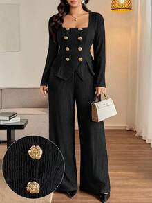 Vionelle 大码秋冬双排扣金属玫瑰装饰上衣，弹力腰带针织纹理长款休闲优雅户外、约会、派对、通勤两件套女装 - 黑色 - 查看 1