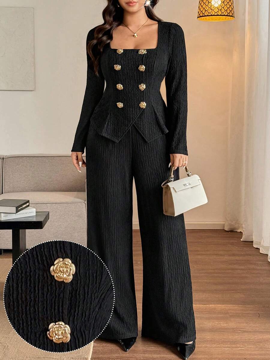 Vionelle 大码秋冬双排扣金属玫瑰装饰上衣，弹力腰带针织纹理长款休闲优雅户外、约会、派对、通勤两件套女装 - 黑色 - 查看 1