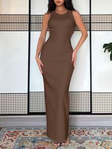 Rafferiza 女士扎染印花修身连衣裙，夏季长裙，绿色长款连衣裙女装 - 棕色 - 查看 3