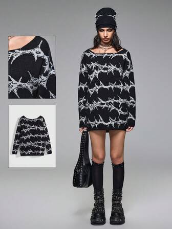 Grunge Punk Maglione oversize con motivo a spine in stile punk