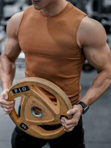 Manfinity Sport Corelite Boyfriend Style Men's Solid Color Crew Neck Sleeveless Sports Tank Top For Summer - Khaki - View 4