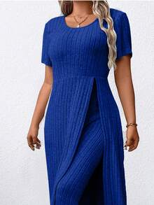 大码纯色圆领开衩罗纹针织短袖上衣和裤子休闲两件套 - 寶藍色 - 查看 6