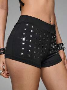 ROMWE Grunge Punk Y2K 朋克铆钉十字设计百搭迷你短裤 - 黑色 - 查看 4