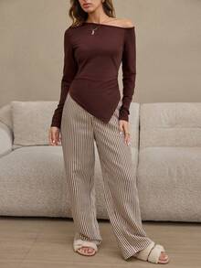 HautHeat Women's Solid Color Asymmetrical Shoulder Long Sleeve Top And Striped Pants Pajama Set, Winter Clothes - Coffee Brown - View 5