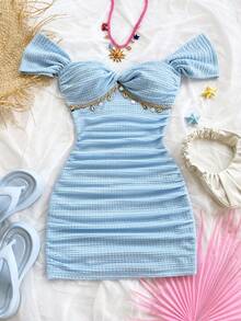 Soleia Robe moulante à épaules dénudées en maille tricotée pour les vacances - Bleu ciel - Voir 4