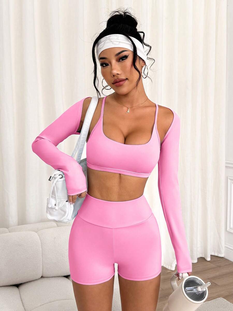 Easithlete Women's Fashion Casual Ultra-Short Sleeve Shrug, Spaghetti Strap Criss-Cross Back Design Bodysuit & Tight Shorts 3-Piece Activewear Set Workout Sets Women Pink Activewear Set Baby Pink Workout Set Long Sleeve Workout Set Pink 3 Piece Set
