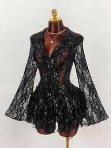 Amplova Frauen Große Größen Blumen Spitze Kragen Glockenärmel Einreiher Top und Rüschen Saum Mini Rock Sexy 2-Teiliges Set - Kaffeebraun - Übersicht 3