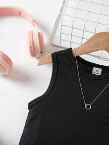 SHEIN Bộ 2 món áo ba lỗ hở vai cổ tròn màu trơn và quần túi hộp cho bé gái, mùa hè - Hồng - Xem 7