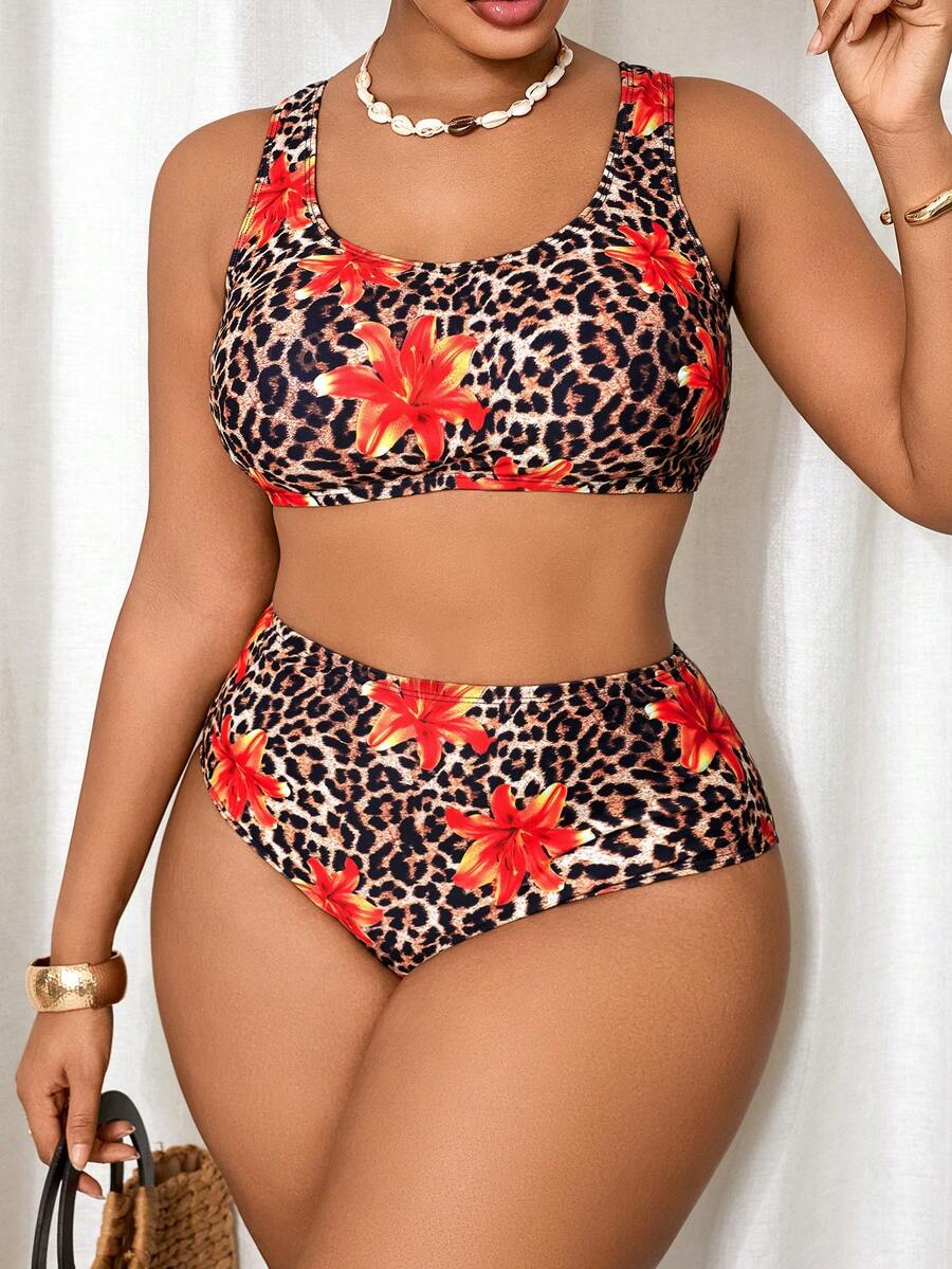 SHEIN Slayr CURVE Bộ đồ bơi hở lưng họa tiết da báo và hoa cỡ lớn dành cho nữ, thích hợp cho kỳ nghỉ ở bãi biển, mùa xuân/hè - Nhiều màu - Xem 1