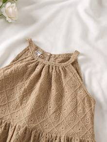 Tween 女童夏季休闲纯色纹理面料挂脖层叠下摆连衣裙