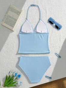 SHEIN Bộ bikini hai dây có thể điều chỉnh được cho bé gái tuổi teen, chất liệu vải gân xanh, họa tiết vỏ sò và sao biển - Màu xanh lam - Xem 2