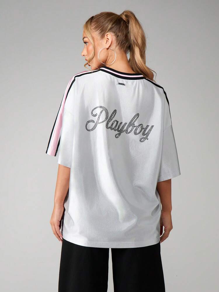 Missguided x Playboy Logo Print Jersey Top With Rhinestone Number Detail V-Neck Short Sleeve Fashion Tee