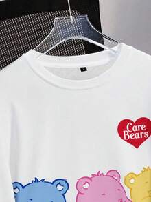 SHEIN X Care Bears 圆领长袖白色舒适秋冬卫衣，Cheer Bears 熊 Funshine 熊卡通心形和英文字母印花图案，适合女士 - 白色 - 查看 3