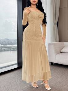 Modelyn Women Solid Color Textured Long Sleeve Midi Dress - Khaki - View 3