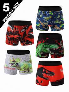 Set de 5 calzoncillos tipo bóxer con estampado de dinosaurios de dibujos animados para niños pequeños, cómodos - Multicolor - Ver 1