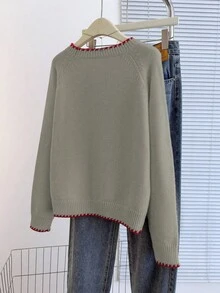 Franclia Cozy Camel Knit Pullover For Women Casual Long Raglan Sleeve Round Neck Regular Length Sweater With Rib-Knit Accents - Camel - View 2