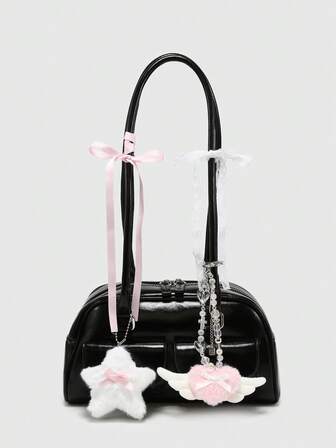 Kawaii Borsa a spalla vintage e carina da donna con motivo a quadri, decorazione con fiocco, ciliegie e cuori, borsa Boston multitasche, adatta per scuola, strada e stile giapponese